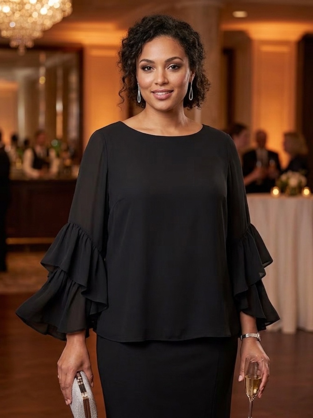 Joseph Ribkoff Black Statement Ruffle Bell Sleeve Blouse Top – Size 12